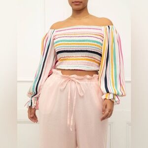 ELOQUII Elements' Women’s Smocked Off The Shoulder Top Rainbow Stripe Size 22/24